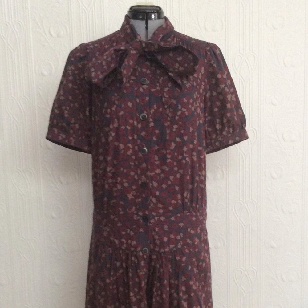 Vintage marc jacobs pussybow drop waist printed cotton burgundy dress